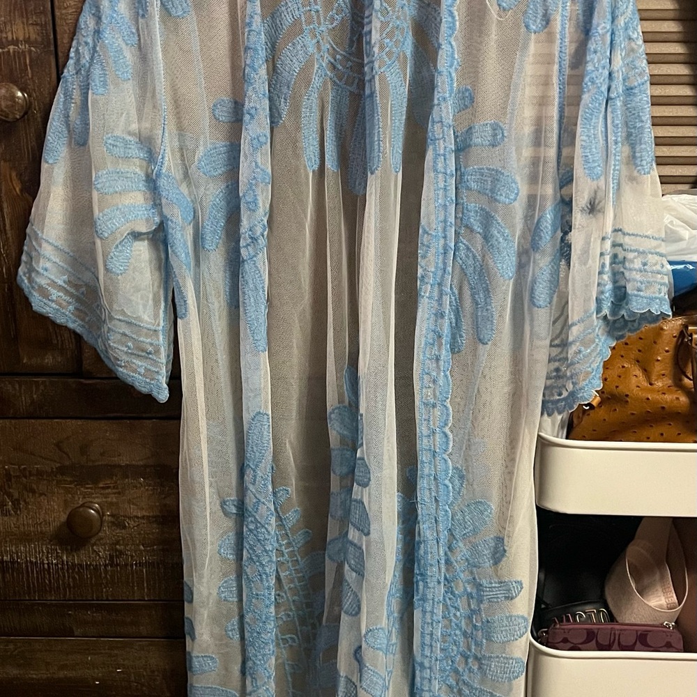 Rebellion Sheer Light Blue Lace Overlay Kimono